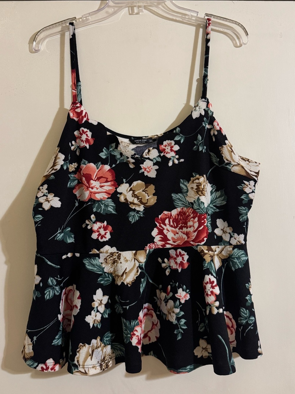 SHEIN Black Floral Spaghetti-Strap Peplum Camisole